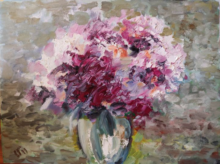 Painting titled ""Lilacs"" by Suren Mesropyan, Original Artwork, Oil Mounted on Cardboard