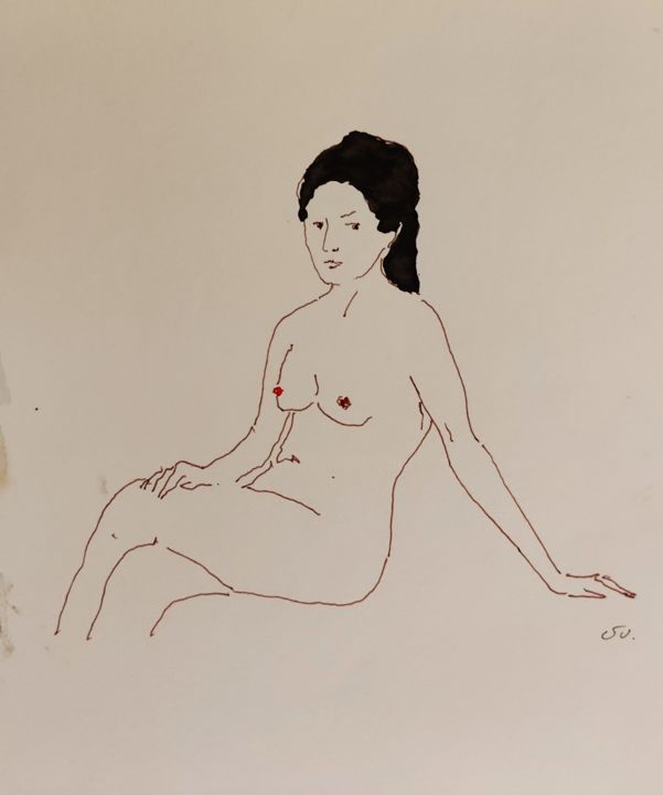 Drawing titled ""Nude 2"" by Suren Mesropyan, Original Artwork, Watercolor Mounted on Cardboard