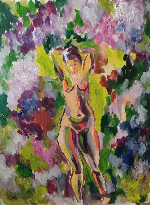 Pittura intitolato ""Spring, nude"" da Suren Mesropyan, Opera d'arte originale, Olio Montato su Cartone