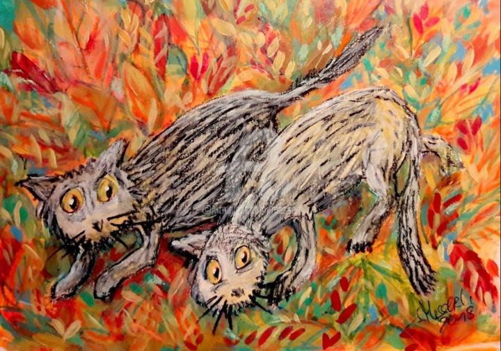 Painting titled "chats" by Silvia Messerli, Original Artwork, Acrylic