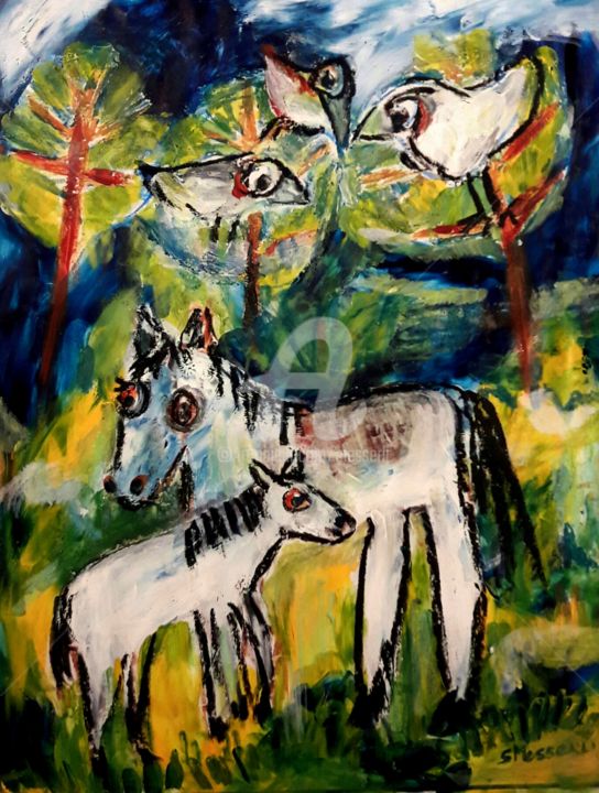 Malarstwo zatytułowany „Horses , im Jura gi…” autorstwa Silvia Messerli, Oryginalna praca, Akryl