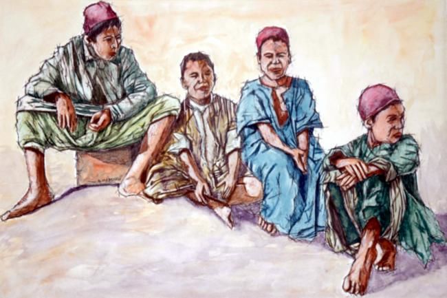 Painting titled "groupe de garcons" by Badr Messikh, Original Artwork