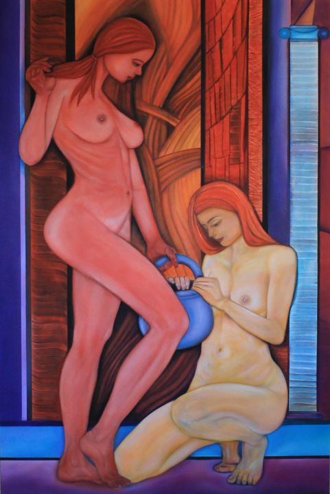 Painting titled "Box of Pandora" by Metin Sakalov, Original Artwork, Oil Mounted on Wood Stretcher frame