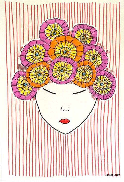 Drawing titled "Girl+ flowers no. 1" by Metka Gelt, Original Artwork, Marker