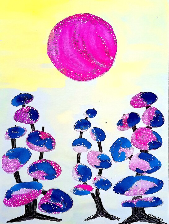 Malarstwo zatytułowany „Pink sun” autorstwa Metka Gelt, Oryginalna praca, Atrament