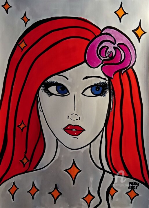 Drawing titled "Stars and rose" by Metka Gelt, Original Artwork, Ink