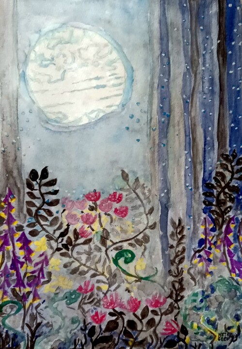 Painting titled "Forest at night" by Metka Gelt, Original Artwork, Watercolor