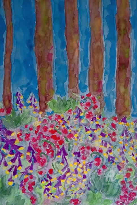 Painting titled "Forest + Flowers" by Metka Gelt, Original Artwork, Watercolor