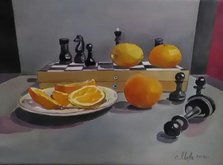 Картина под названием "Натюрморт с шахмата…" - Екатерина Мец, Подлинное произведение искусства, Масло Установлен на Деревянн…