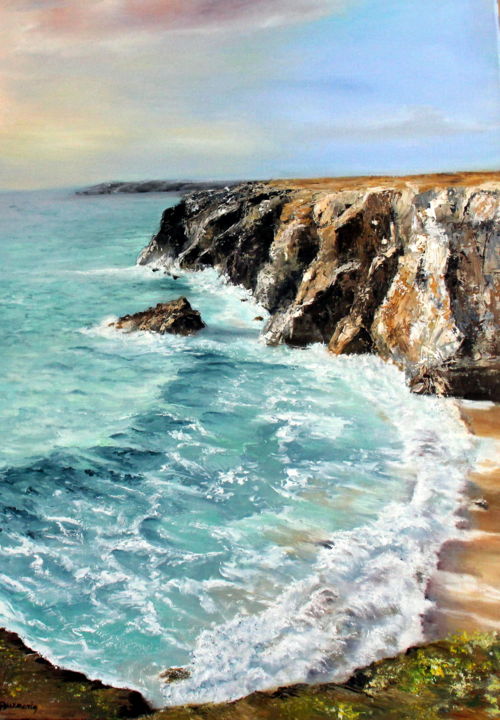 Peinture intitulée "falaises à Quiberon" par Marie-Françoise Durnerin, Œuvre d'art originale, Huile