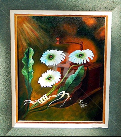 Painting titled "3 gerbéras blancs" by Marie France Mateu, Original Artwork