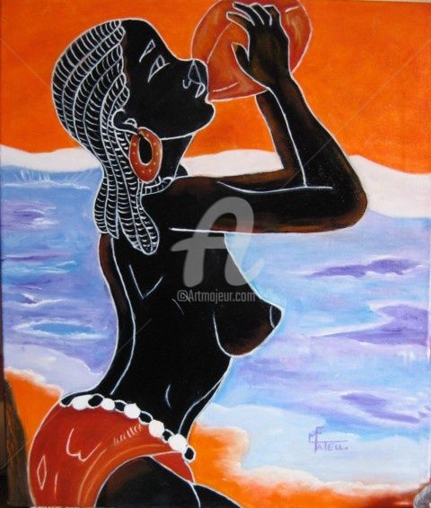 Malerei mit dem Titel "Femme Africaine buv…" von Marie France Mateu, Original-Kunstwerk, Öl
