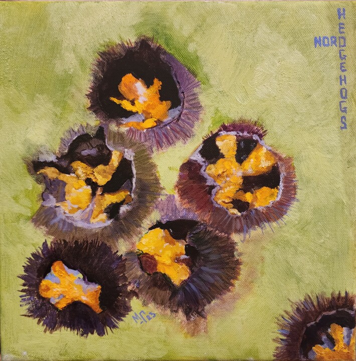 Painting titled "Hedgehogs" by Maria Mikhaylova-Goldman, Original Artwork, Oil Mounted on Wood Stretcher frame