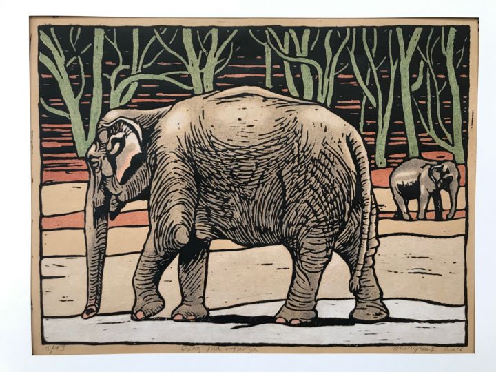 Gravures & estampes intitulée "Indischer Elefant (…" par Margreet Duijneveld, Œuvre d'art originale, Linogravures