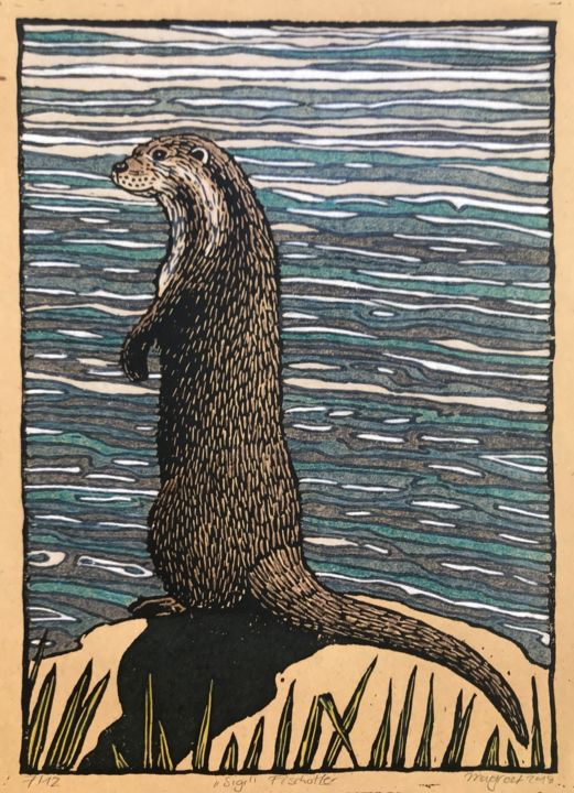 Printmaking titled ""Siggi" (Fischotter)" by Margreet Duijneveld, Original Artwork, Linocuts