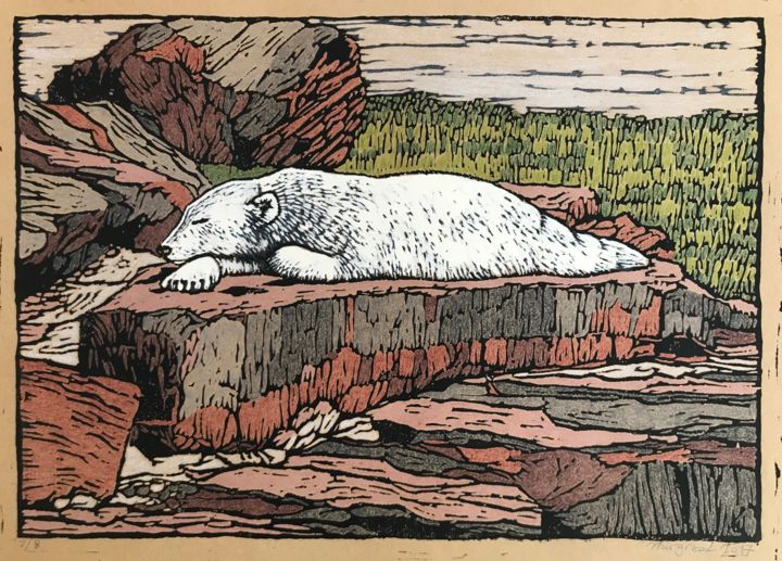 "Eisbär" başlıklı Baskıresim Margreet Duijneveld tarafından, Orijinal sanat, Linocut