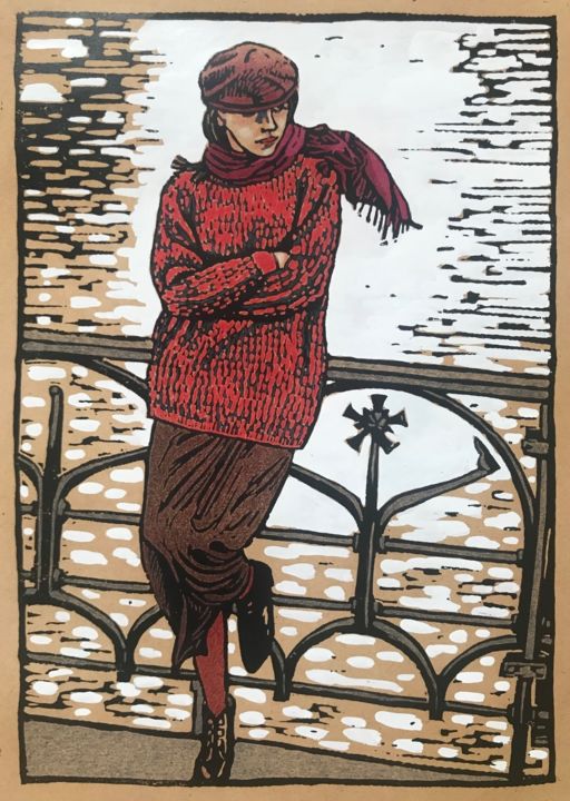 Druckgrafik mit dem Titel "Der rote Pullover" von Margreet Duijneveld, Original-Kunstwerk, Linoldrucke