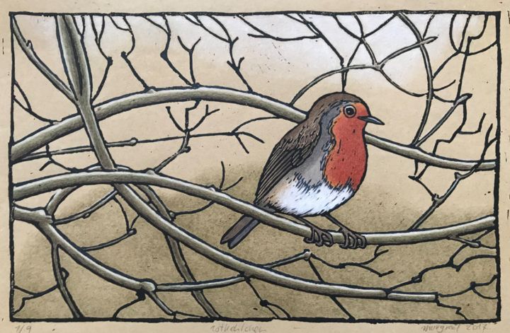 Obrazy i ryciny zatytułowany „Rotkehlchen / Robin” autorstwa Margreet Duijneveld, Oryginalna praca, Linoryty