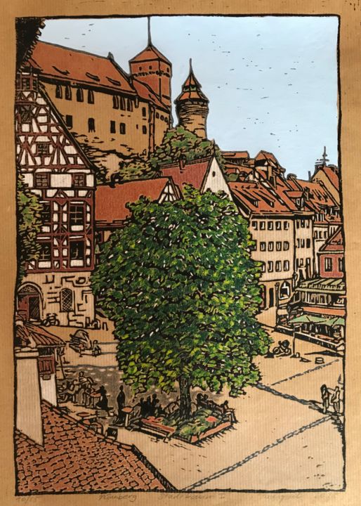 Incisioni, stampe intitolato "Tree in the City /…" da Margreet Duijneveld, Opera d'arte originale, Incisioni su linoleum