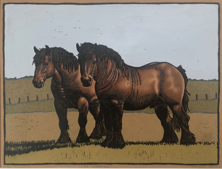 Estampas & grabados titulada "Horsepower Nostalgia" por Margreet Duijneveld, Obra de arte original, Linograbados