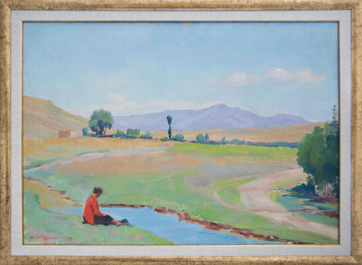 Painting titled "Landscape of Tsaghk…" by Mher Abeghyan, Original Artwork, Oil Mounted on Wood Stretcher frame