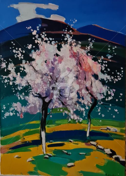 Painting titled "Apple trees" by Mher Chatinyan, Original Artwork, Oil