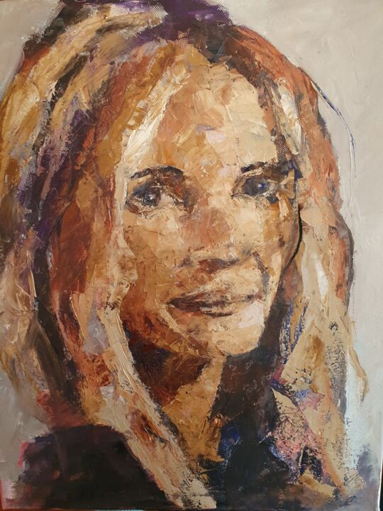 Painting titled "Julia Roberts" by Mia Van Hoofstat, Original Artwork, Oil Mounted on Wood Stretcher frame