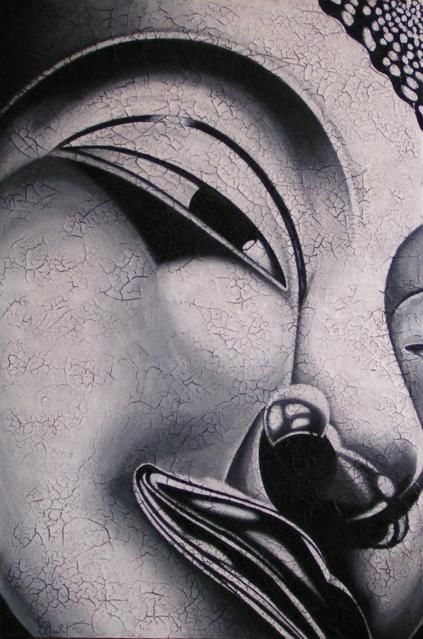 Peinture intitulée "Buddha métallique" par Chrystel Mialet, Œuvre d'art originale, Huile