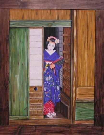 Peinture intitulée "Geisha à la porte" par Chrystel Mialet, Œuvre d'art originale, Huile