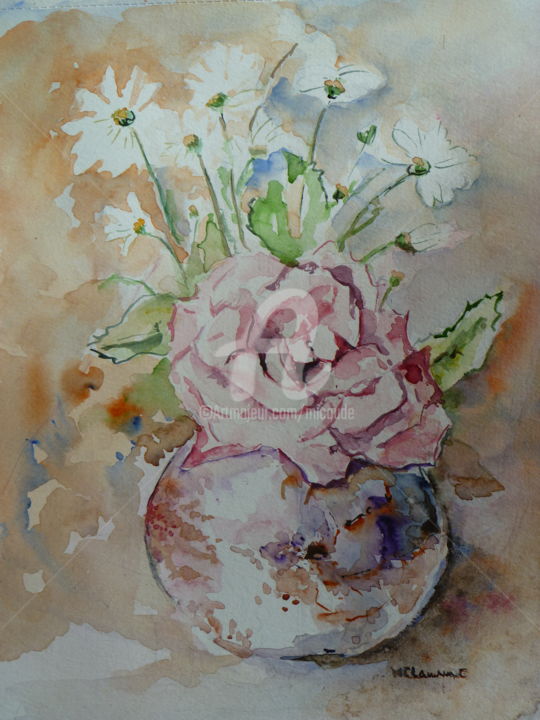 Malerei mit dem Titel "Rose au vase rose" von Marie Claude Laurent, Original-Kunstwerk, Aquarell