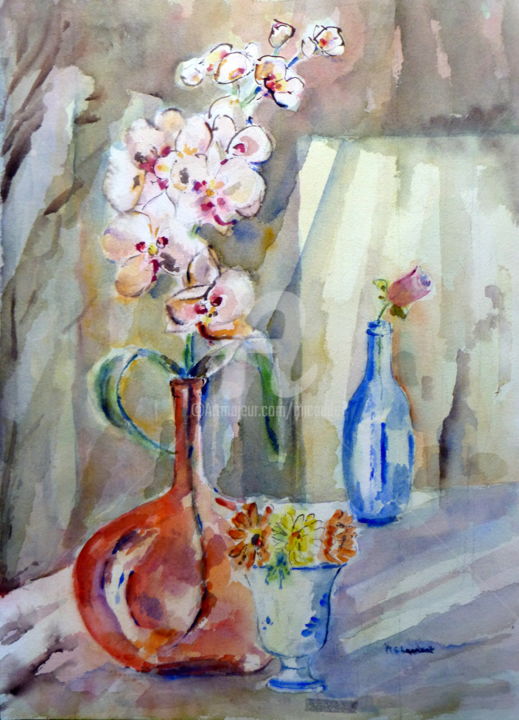 Painting titled "Orchidée au vase or…" by Marie Claude Laurent, Original Artwork, Watercolor