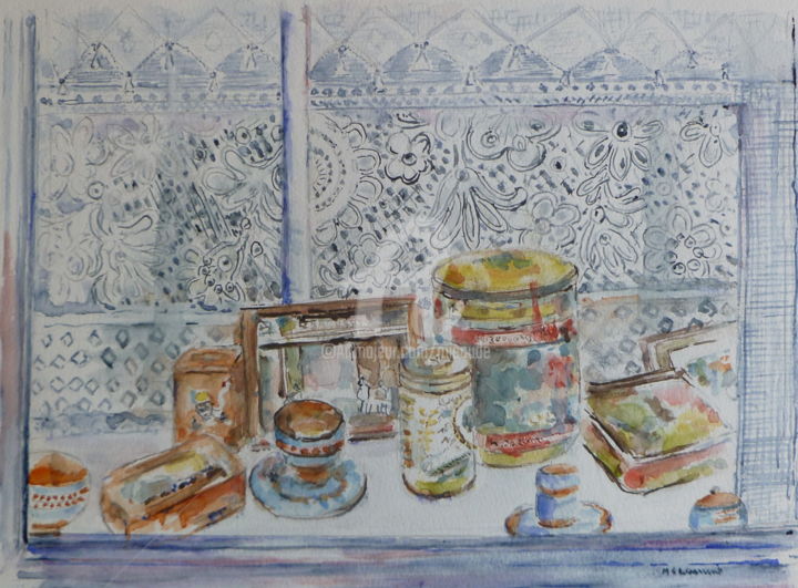 Pintura titulada "En vitrine" por Marie Claude Laurent, Obra de arte original, Acuarela