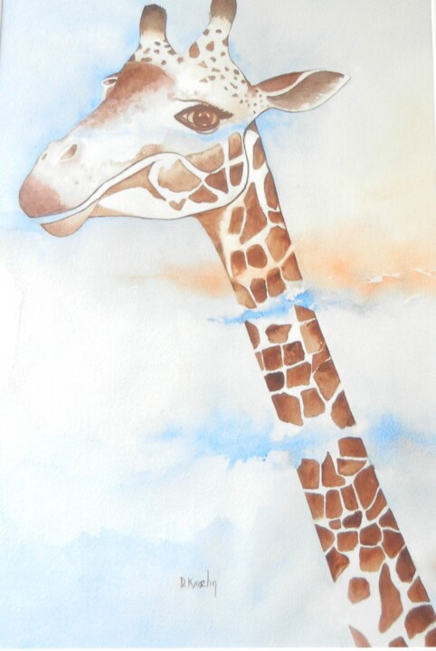 Peinture intitulée "girafe dans les nua…" par Dominique Kuehn, Œuvre d'art originale, Aquarelle