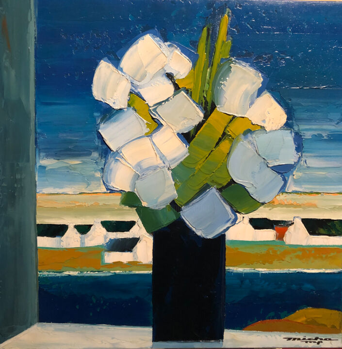 Painting titled "Bouquet au Paysage…" by Micha, Original Artwork, Oil Mounted on Wood Stretcher frame