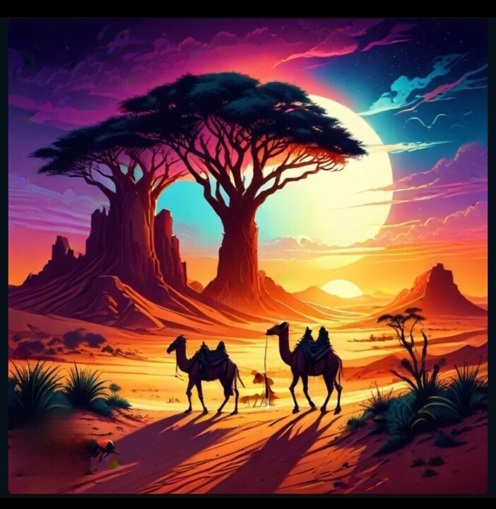 Digitale Kunst getiteld "Afrique aventure 1" door Michael Calon, Origineel Kunstwerk, AI gegenereerde afbeelding