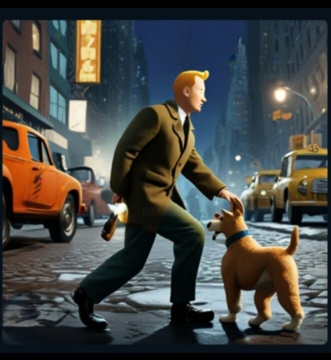 Arts numériques intitulée "Tintin New York 2" par Michael Calon, Œuvre d'art originale, Image générée par l'IA