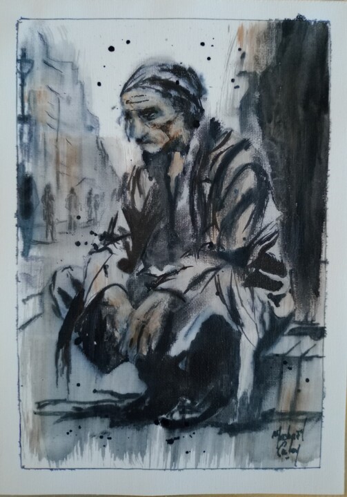 Painting titled "Le mendiant" by Michael Calon, Original Artwork, Ink