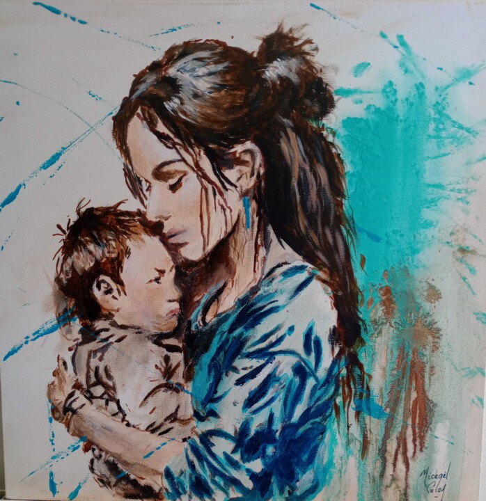 Peinture intitulée "Mère et enfant" par Michael Calon, Œuvre d'art originale, Acrylique Monté sur Châssis en bois