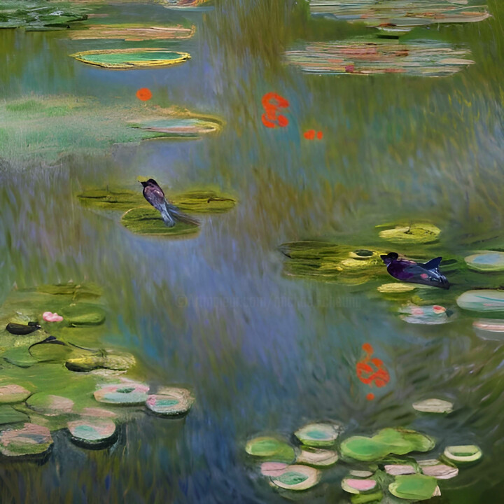 Painting titled "Birds on Lotus Pond" by Michael Cheung, Original Artwork, Acrylic Mounted on Wood Stretcher frame