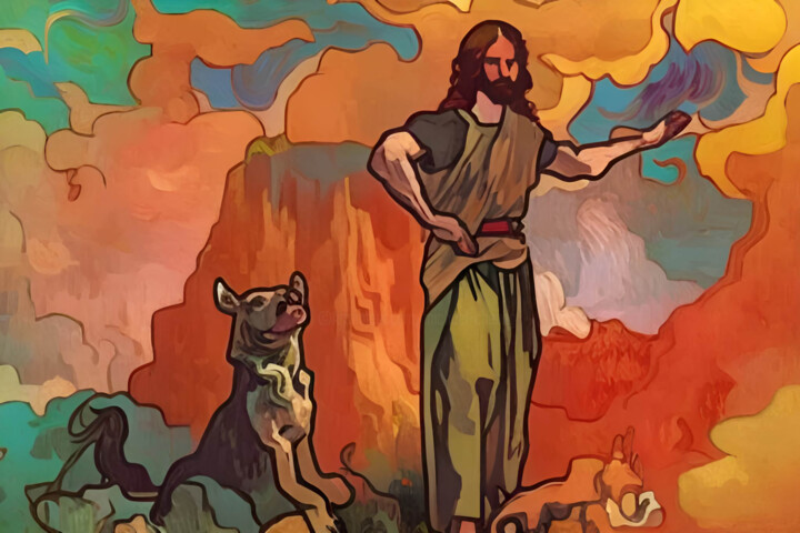 Painting titled "Jesus and Dog" by Michael Cheung, Original Artwork, Acrylic Mounted on Wood Stretcher frame