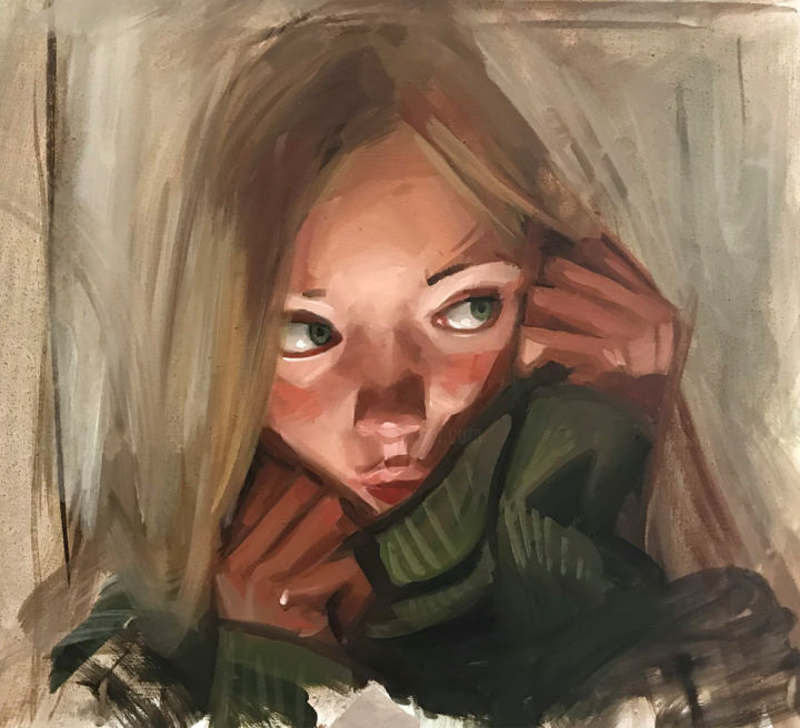 Painting titled "Green Sweater" by Michael Connors, Original Artwork, Oil