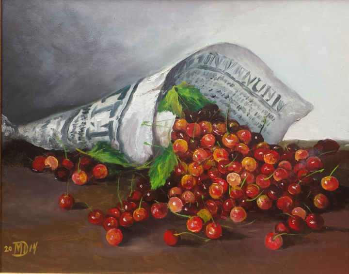 Painting titled "Cherry on newspaper" by Michael Daniel, Original Artwork