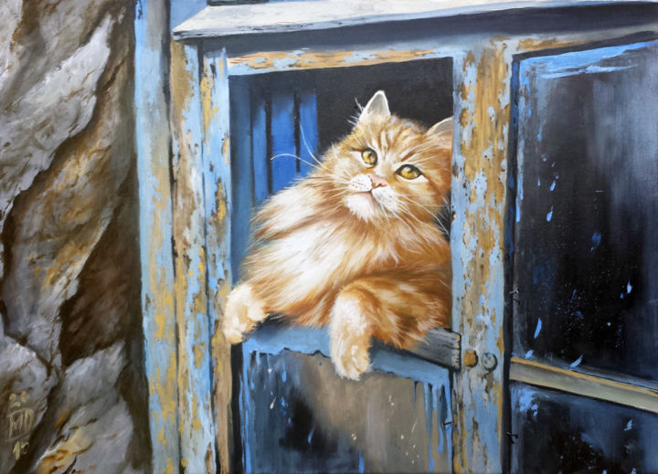 Painting titled "Cat on window" by Michael Daniel, Original Artwork