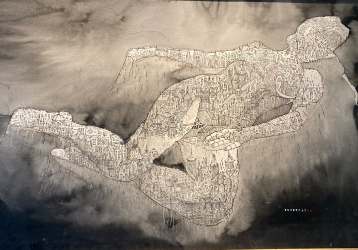 Σχέδιο με τίτλο "Originel" από Michael Hebert, Αυθεντικά έργα τέχνης, Μελάνι Τοποθετήθηκε στο Ξύλινο φορείο σκελετό