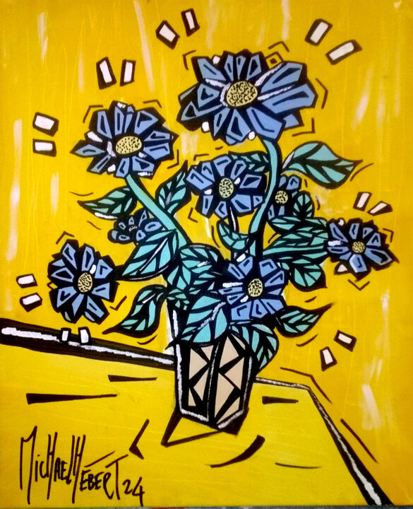 Painting titled "Fleurs en vie" by Michael Hebert, Original Artwork, Acrylic Mounted on Wood Stretcher frame