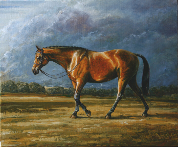 Malerei mit dem Titel "Back tyo the stable" von Michael Nowakowski, Original-Kunstwerk, Öl Auf Keilrahmen aus Holz montiert