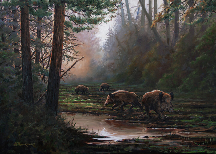 Painting titled "Forest waterhole" by Michael Nowakowski, Original Artwork, Oil Mounted on Wood Stretcher frame