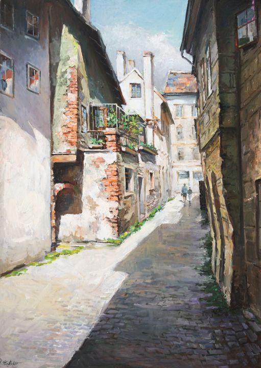Painting titled "Street in Český Kru…" by Michael Slutsker, Original Artwork, Oil