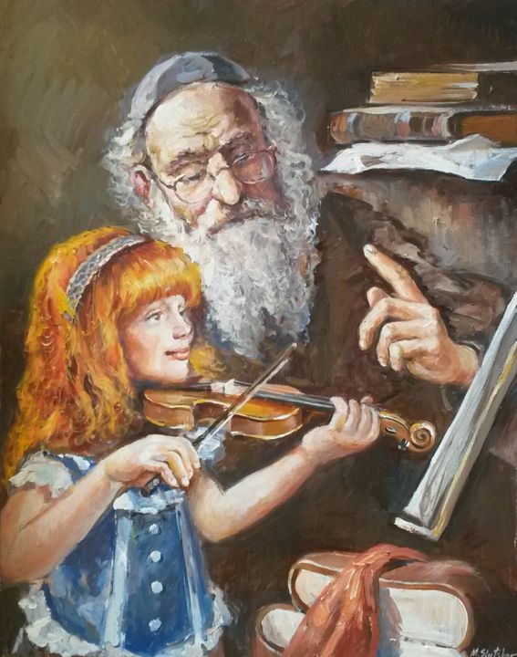 Painting titled "The Lesson of Music" by Michael Slutsker, Original Artwork, Oil