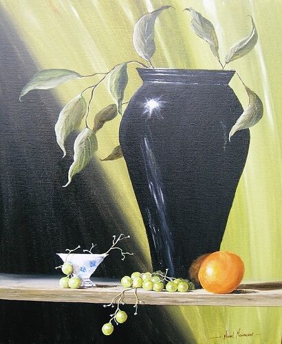 Картина под названием "The Black Vase" - Michael Monaghan, Подлинное произведение искусства, Масло Установлен на Деревянная…
